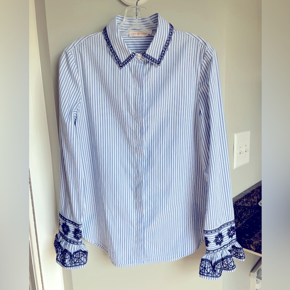 Tory Burch Embroidered Pinstripe Blouse, Size 4